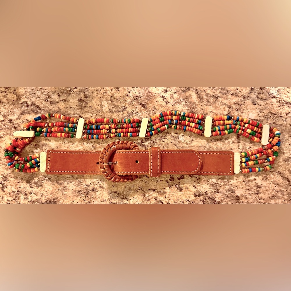 Genuine Leather & A Rainbow Of Bone Bead Belt Made in India Fits 26”-30” Waist